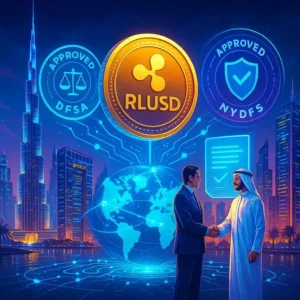 Ripple’s RLUSD stablecoin connects Dubai and New York, symbolizing regulatory approval from DFSA and NYDFS.