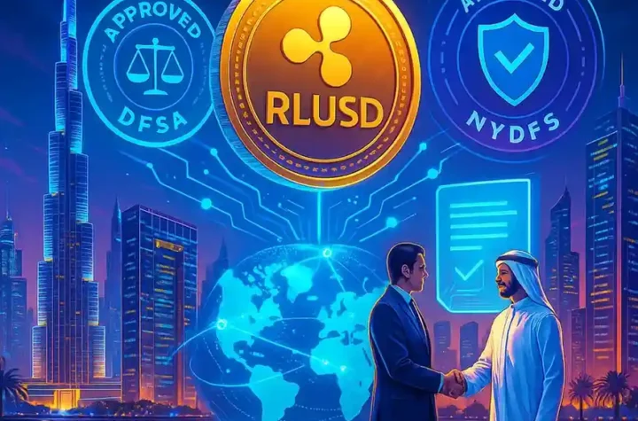 Ripple’s RLUSD stablecoin connects Dubai and New York, symbolizing regulatory approval from DFSA and NYDFS.