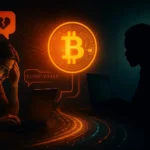 distressed woman at her laptop, a glowing Bitcoin symbol, and the shadow of an online scammer connected by blockchain lines visualizing a $2.5 million romance-fraud crypto-laundering scheme.