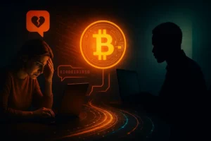 distressed woman at her laptop, a glowing Bitcoin symbol, and the shadow of an online scammer connected by blockchain lines visualizing a $2.5 million romance-fraud crypto-laundering scheme.